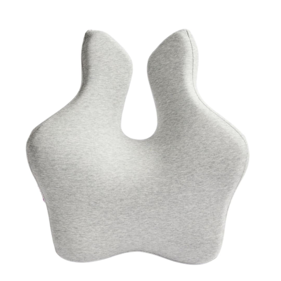 The iCare Reform Full Back Support offers ergonomic relief and everyday comfort with charcoal-infused ActiveX foam, featuring a light gray, uniquely contoured design inspired by bunny ears or butterflies.